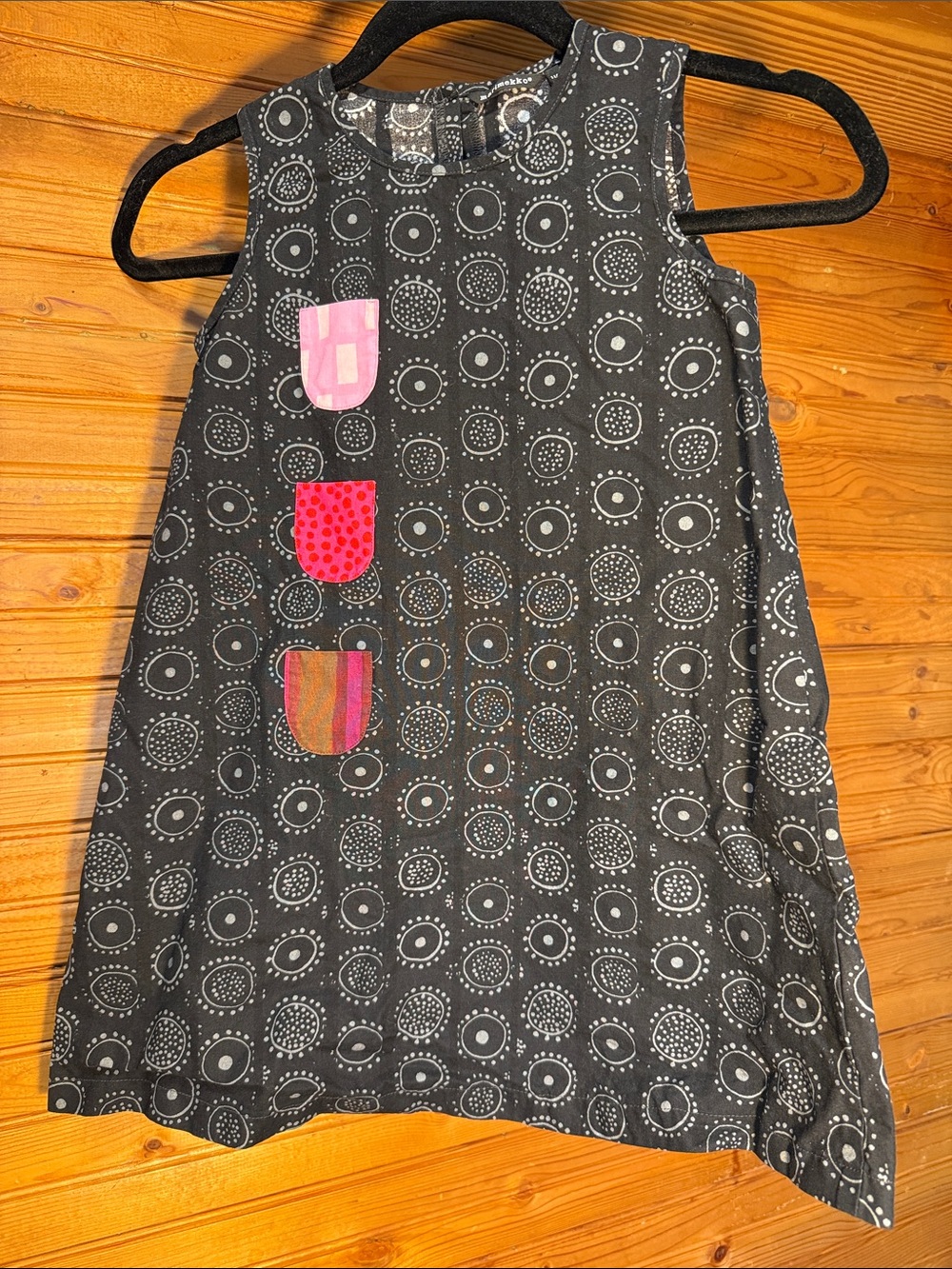 Marimekko Black Graphic Circle Print dress with pink pocket accents